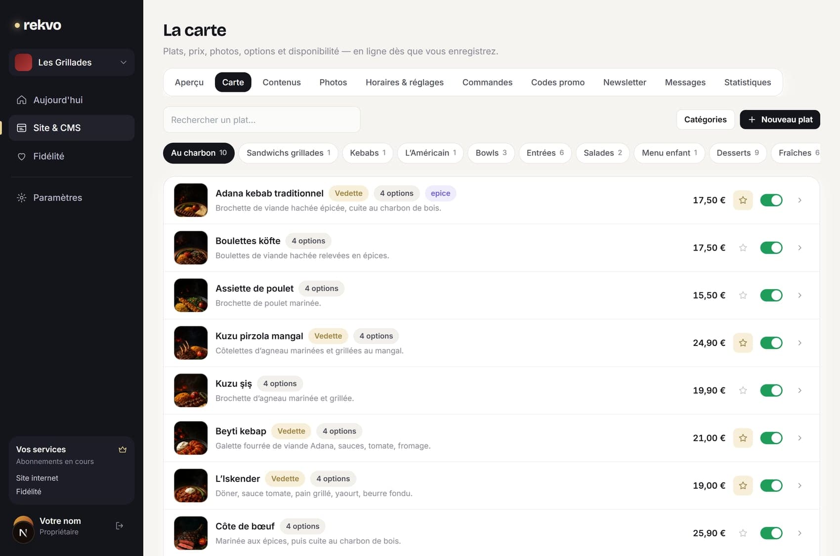 L’application Rekvo, écran La carte : chaque plat avec sa photo, son prix, ses options et un interrupteur pour le rendre indisponible